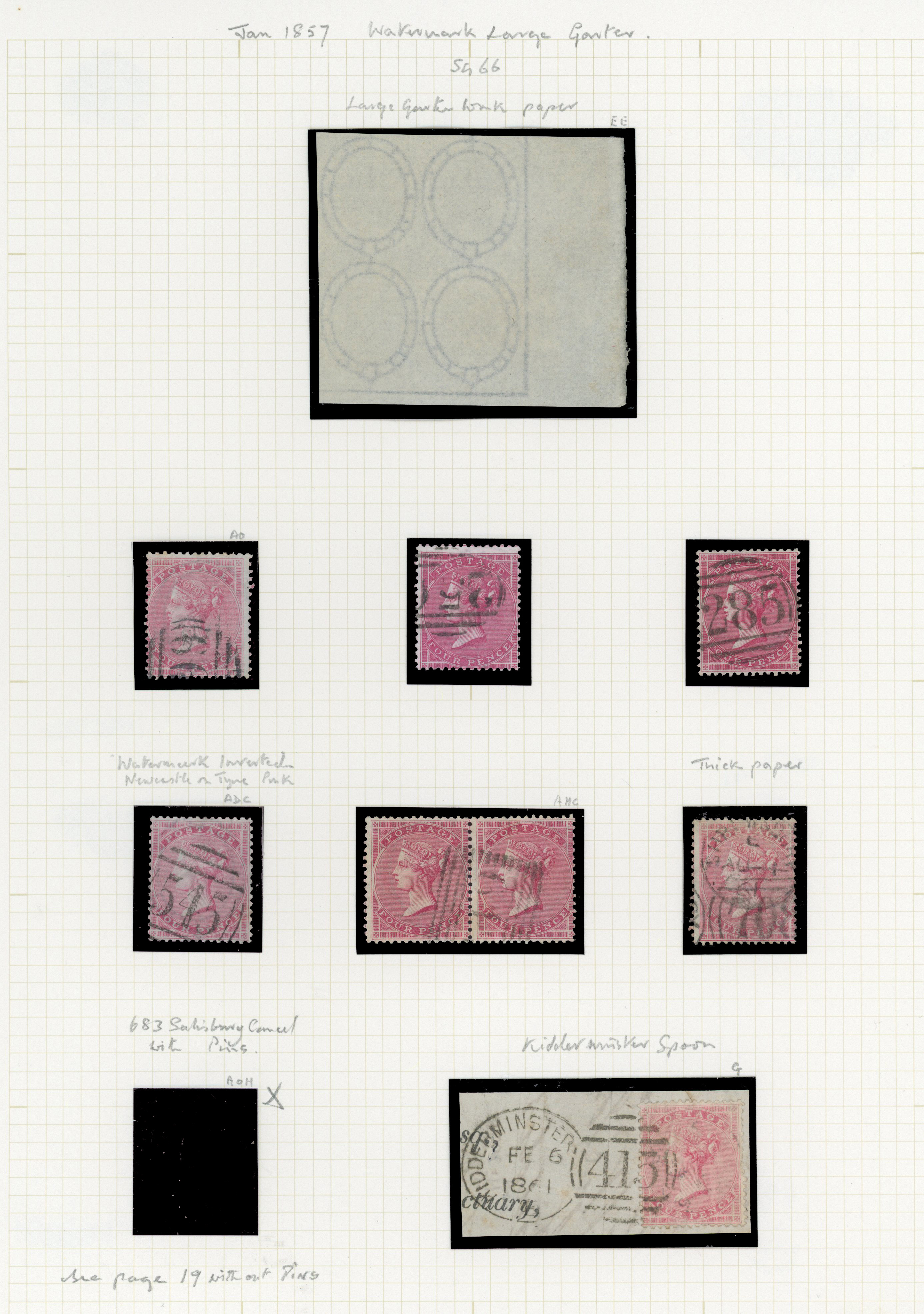 1857 4d Rose-carmine (SG66, Wmk. Large Garter). A fine group stamps, covers & wmk block