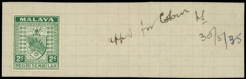1935 imperforate Colour Trial of the 2c value in the issued colour of green, affixed to piece from the printer's record...