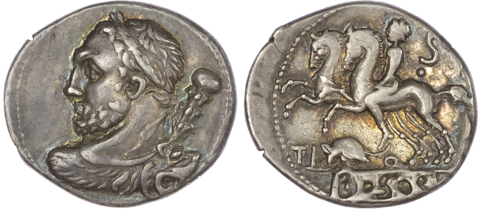 T. Quinctius (112 or 111 BC) AR Denarius, Rome, 3.95g. Bust of Hercules seen from behind, draped with lionskin and with a