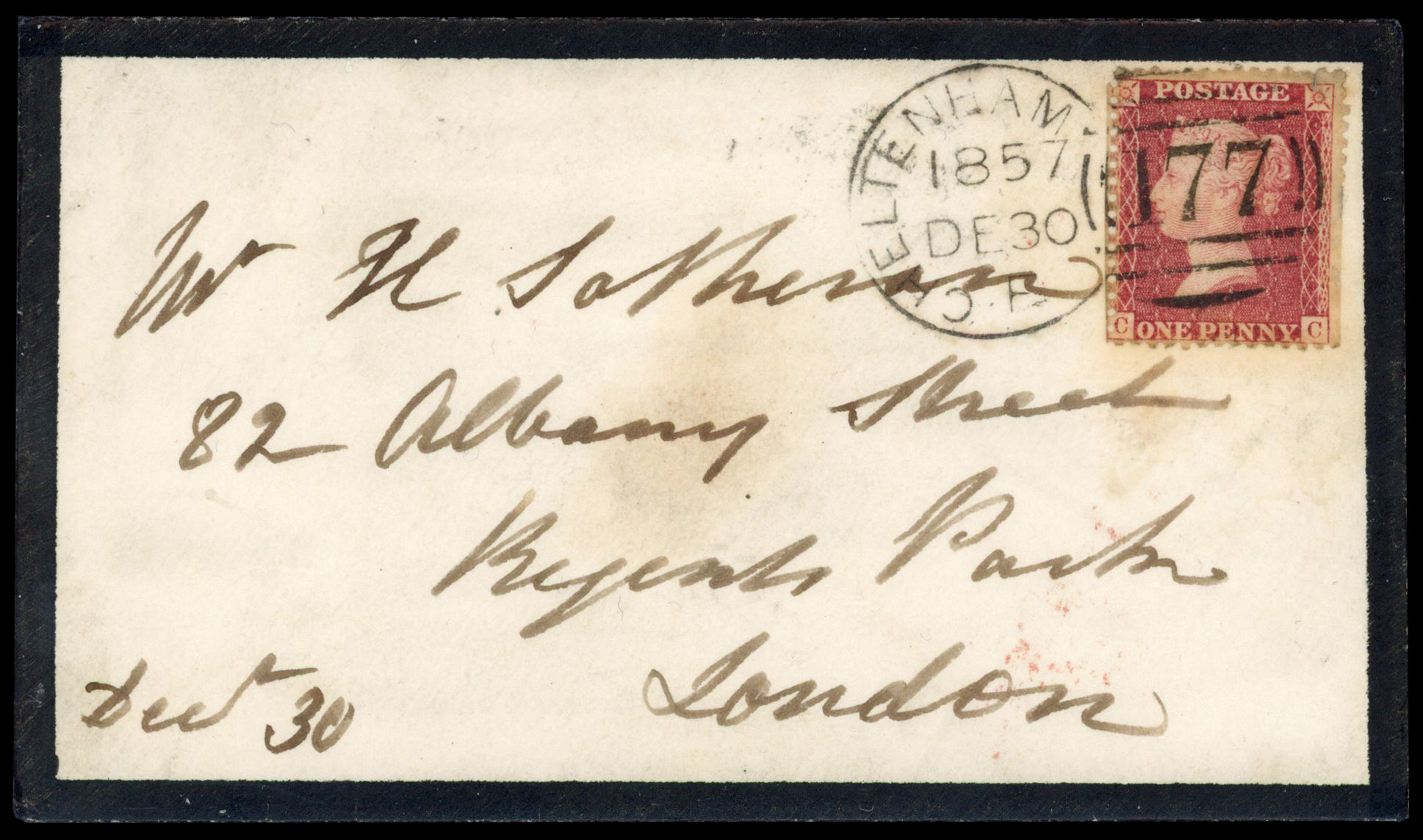 1857 1d Pale-rose ‘Savoy Street’ printing Cheltenham spoon on cover