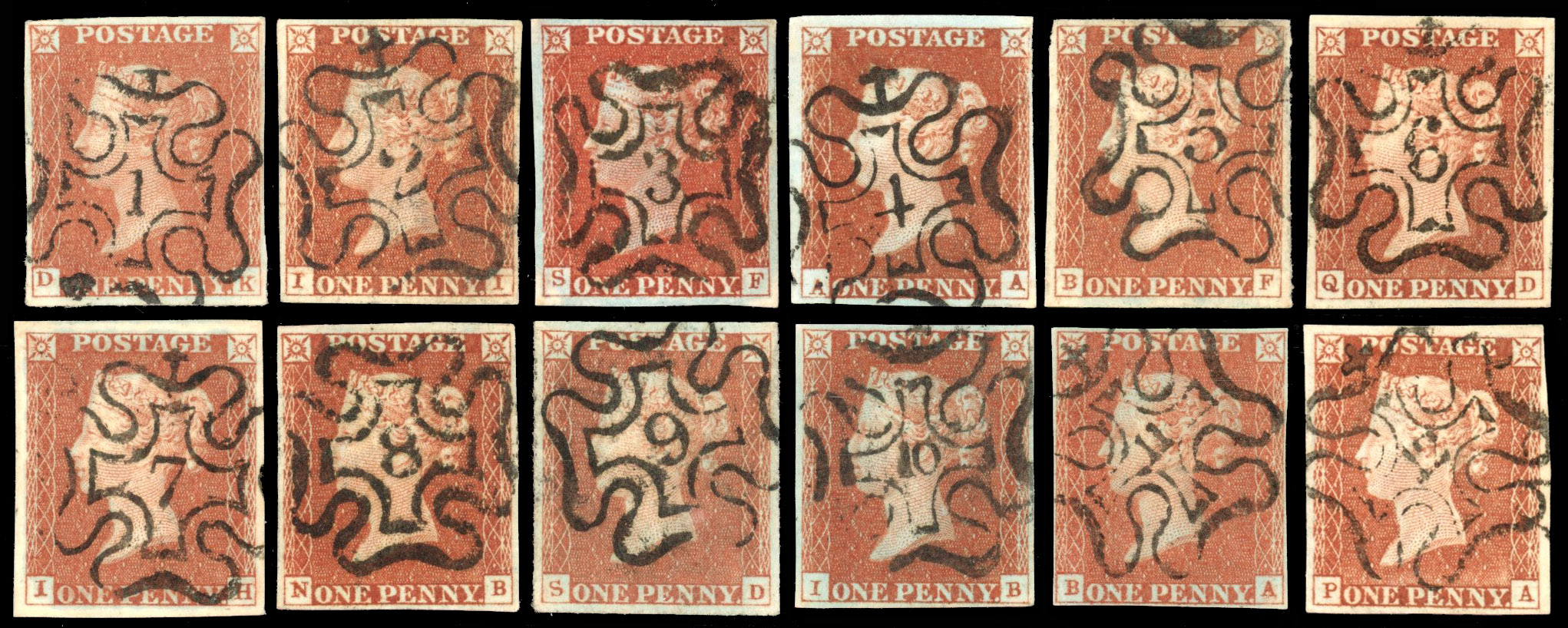 GB 1841 1d red group of 12 used examples, with Numbers 1-12 in MC, Spec. B1ua/ul, SG 8/10var