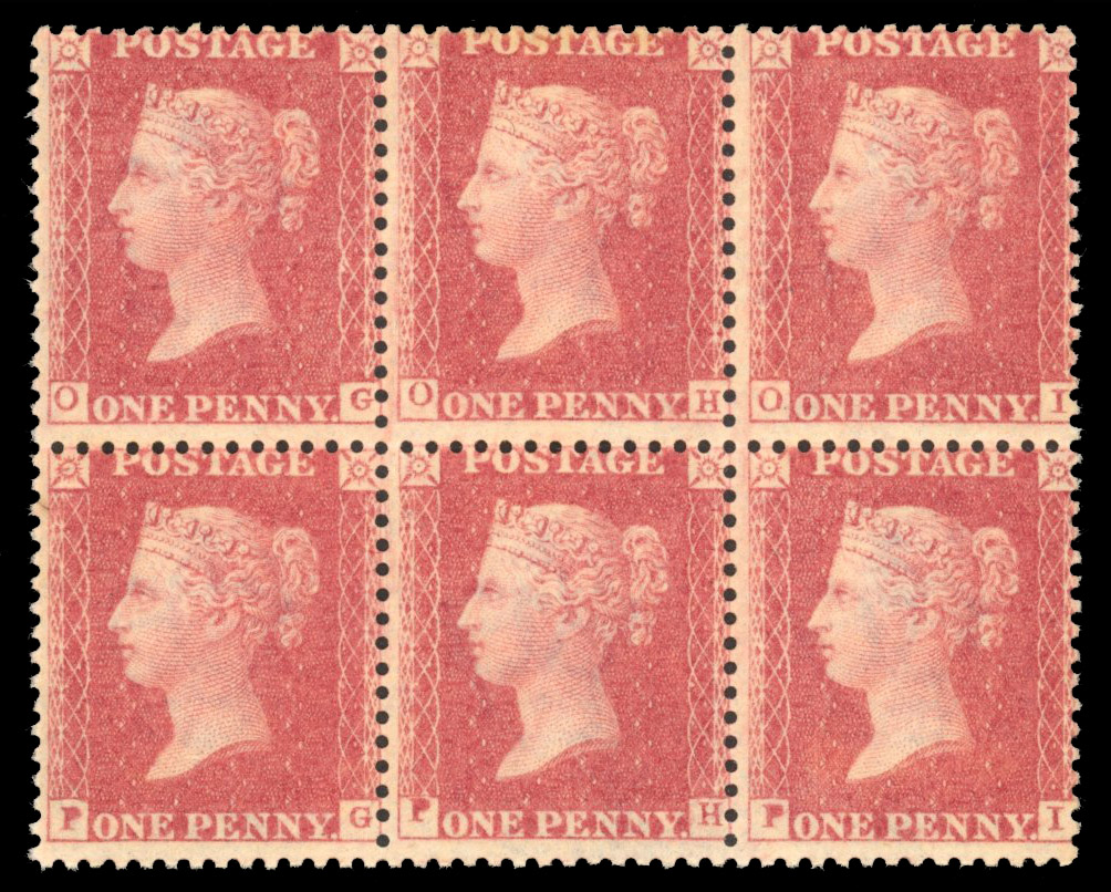 SG 40 1862 1d rose-red, Plate R16 block of six mint