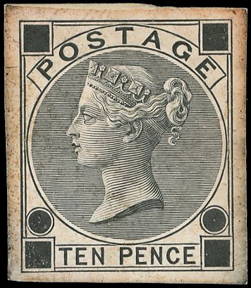 1867 10d Die proof. Fine example printed in black on white glazed card with uncleared corner squares and plate numbers, …