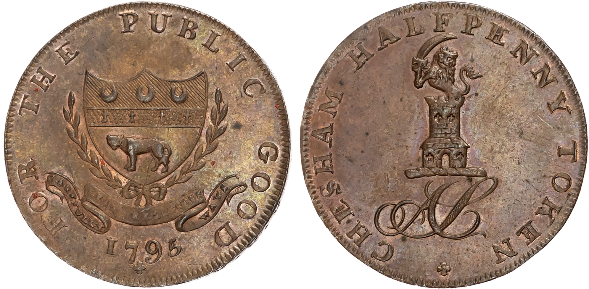 Bucks. Chesham, Adam Simpson (draper) Halfpenny 1796, Simpson crest, rev. Simpson coat of arms, edge PAYABLE AT ADAM SI …