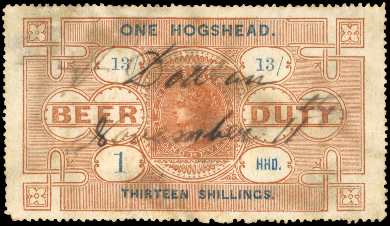 New Zealand Beer Duty 1880 13s brown, wmk NZ & Star UPRIGHT