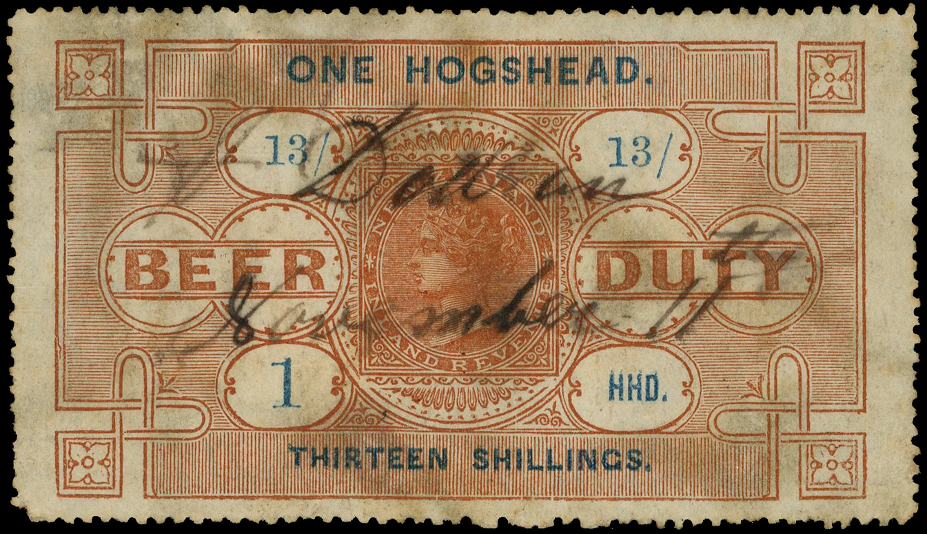 New Zealand Beer Duty 1880 13s brown, wmk NZ & Star UPRIGHT