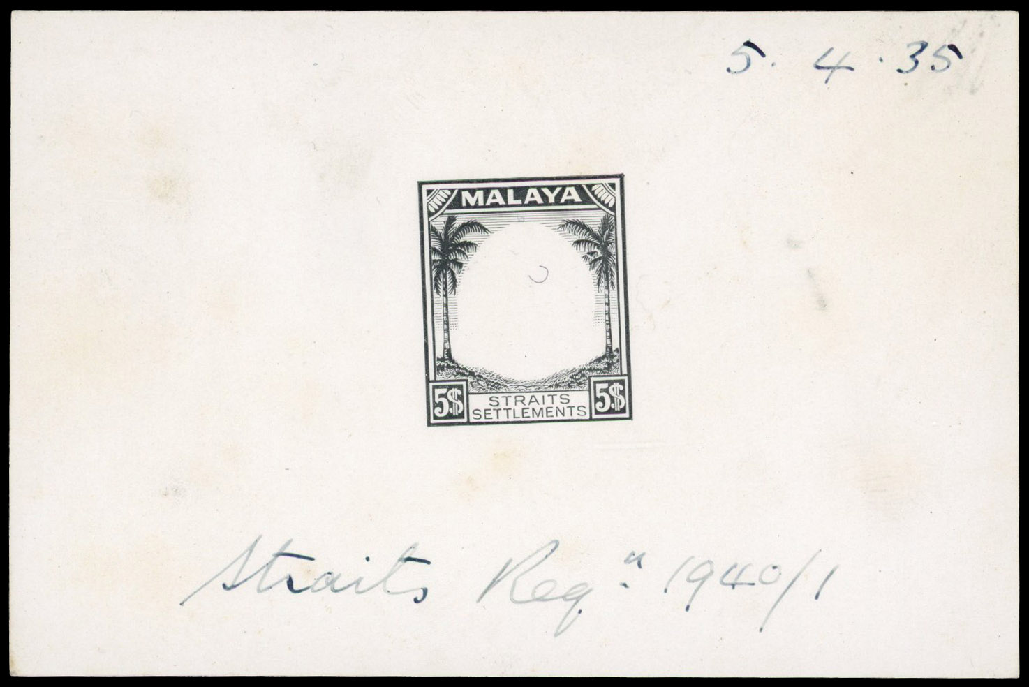 Straits Settlements 1935 $5 essay die proof of frame with 5$ value tablets