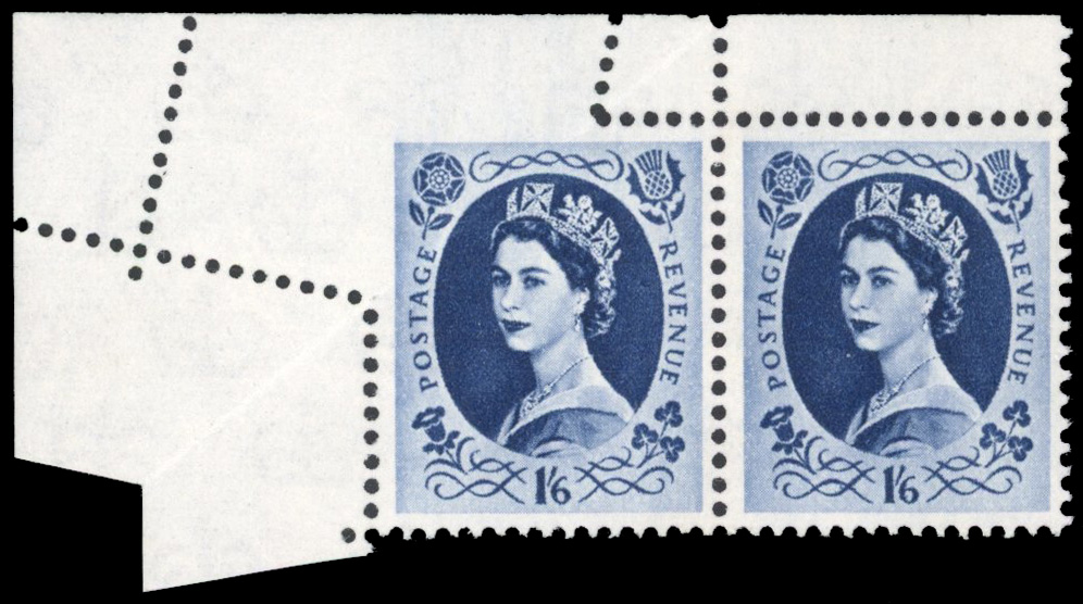 GB: 1962 Multiple Crowns 1s6d grey-blue on whiter paper, mint unmounted, top left corner pair showing spectacular fold over