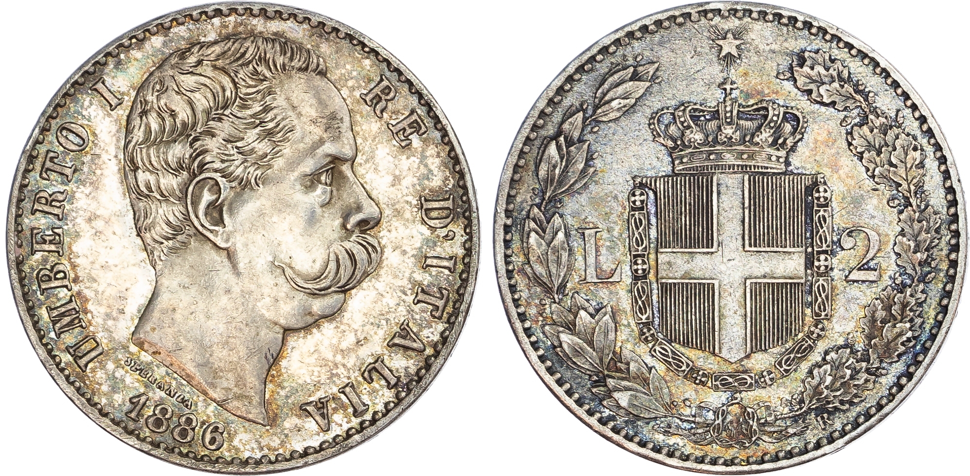 Italy. Umberto I AG 2 Lire. 1886. 