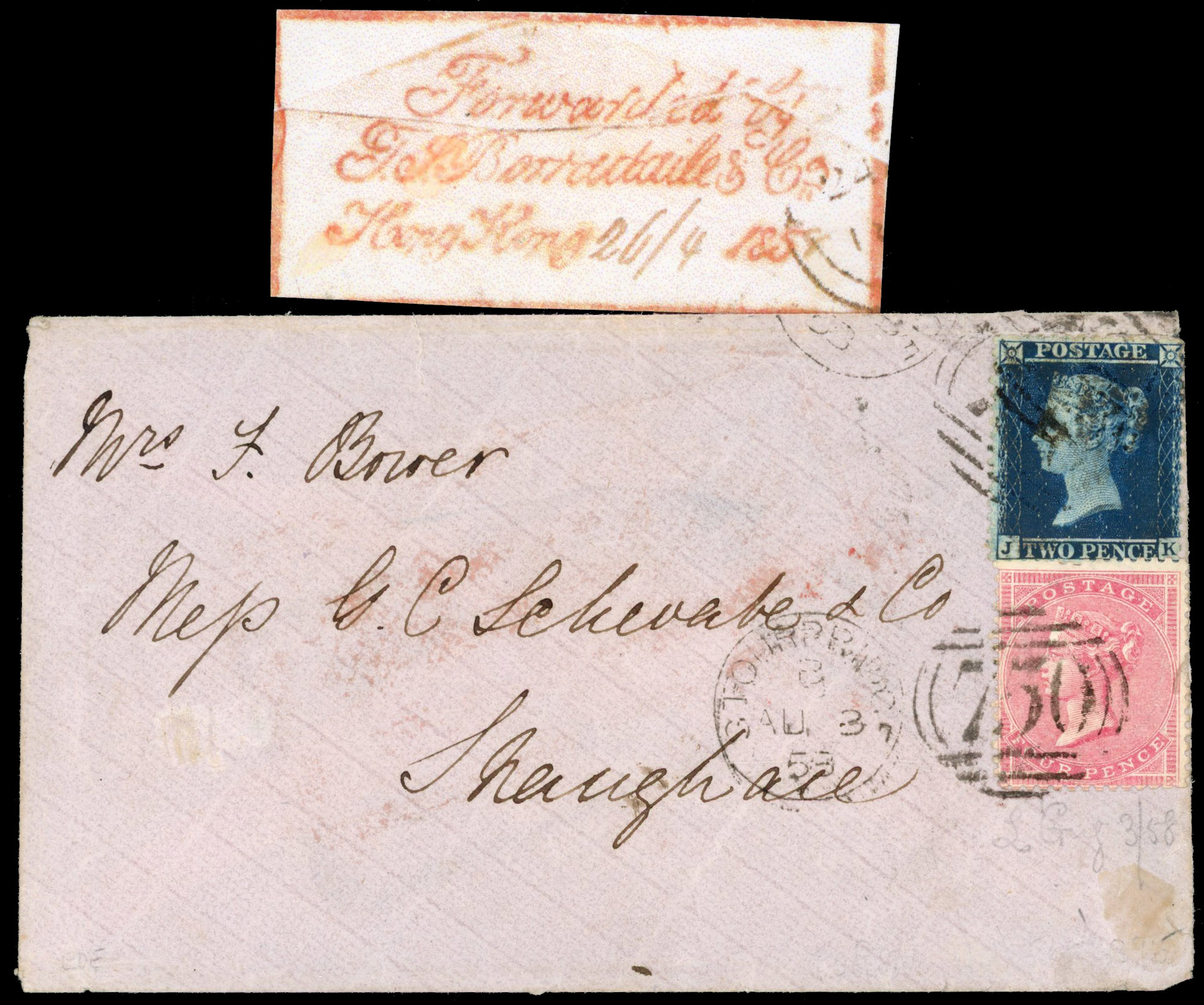 China 1859 incoming envelope GB to Shanghai via HK forwarding agents