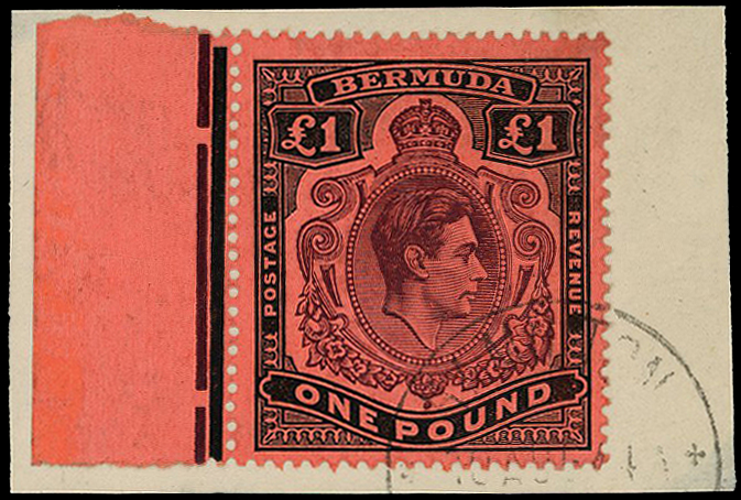 1943-6 £1 deep reddish purple and black on red paper, left marginal (#13 by Jubilee line, but not showing the blunt leaf...