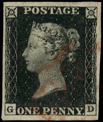 1840 1d black, plate 1B, lettered GD,...