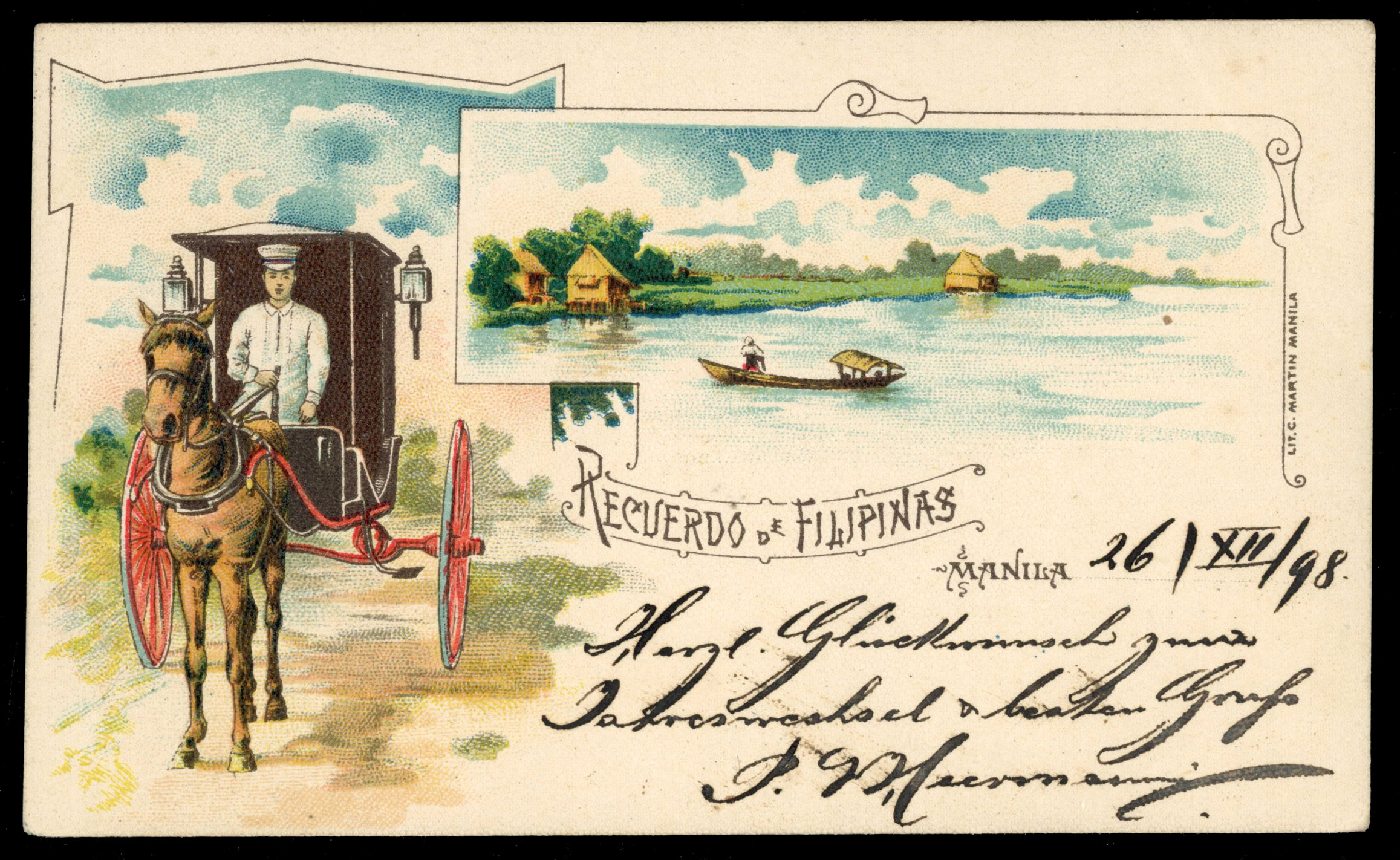 Philippines 1898 colour Private Mailing card used to Hong Kong