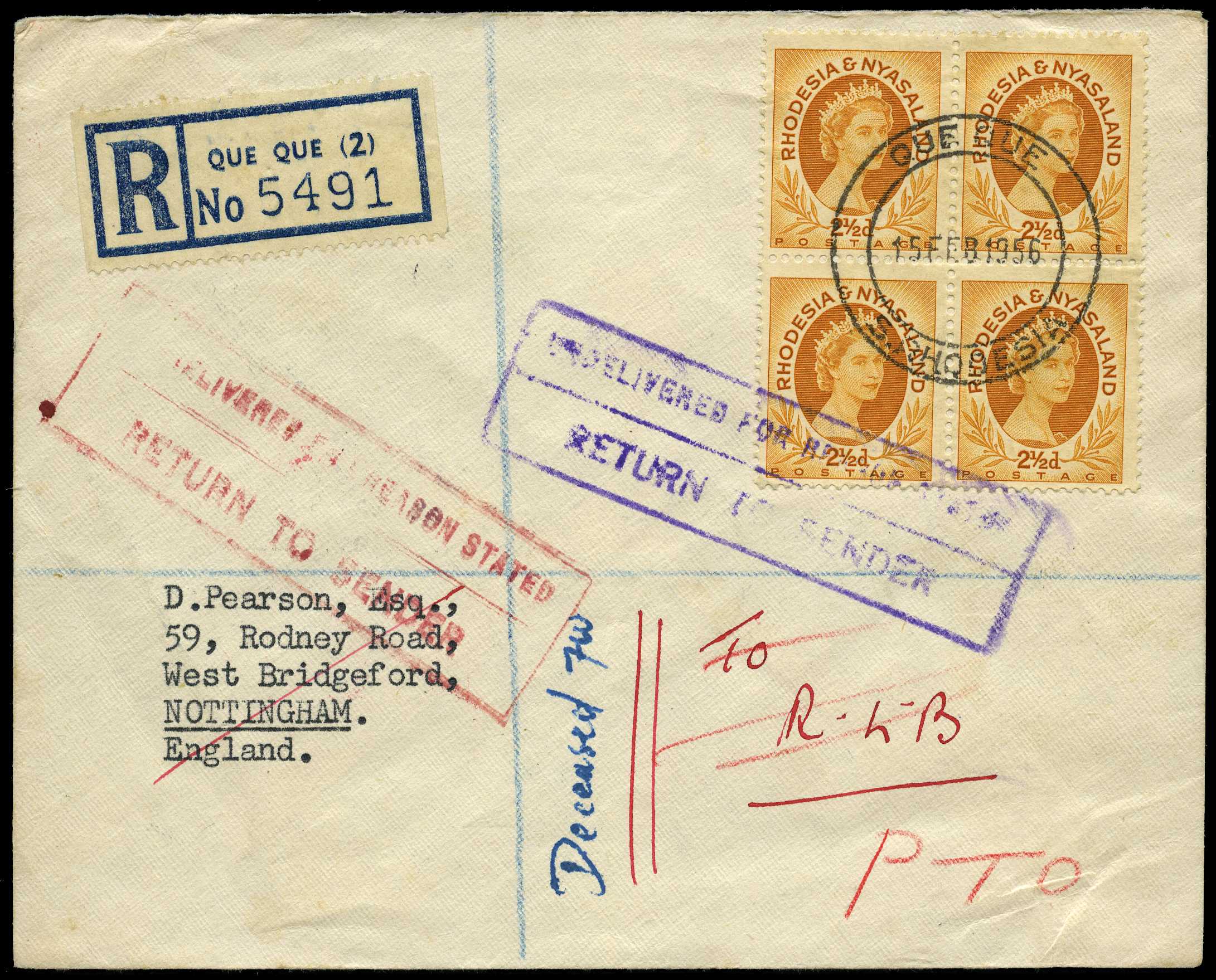 1956 (15 Feb) plain registered FDC to...