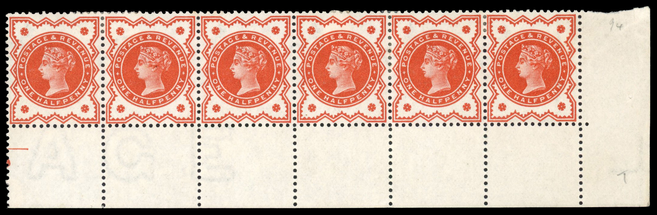 SG 197 1887 ½d strip of six from Setting1A without control letter mint