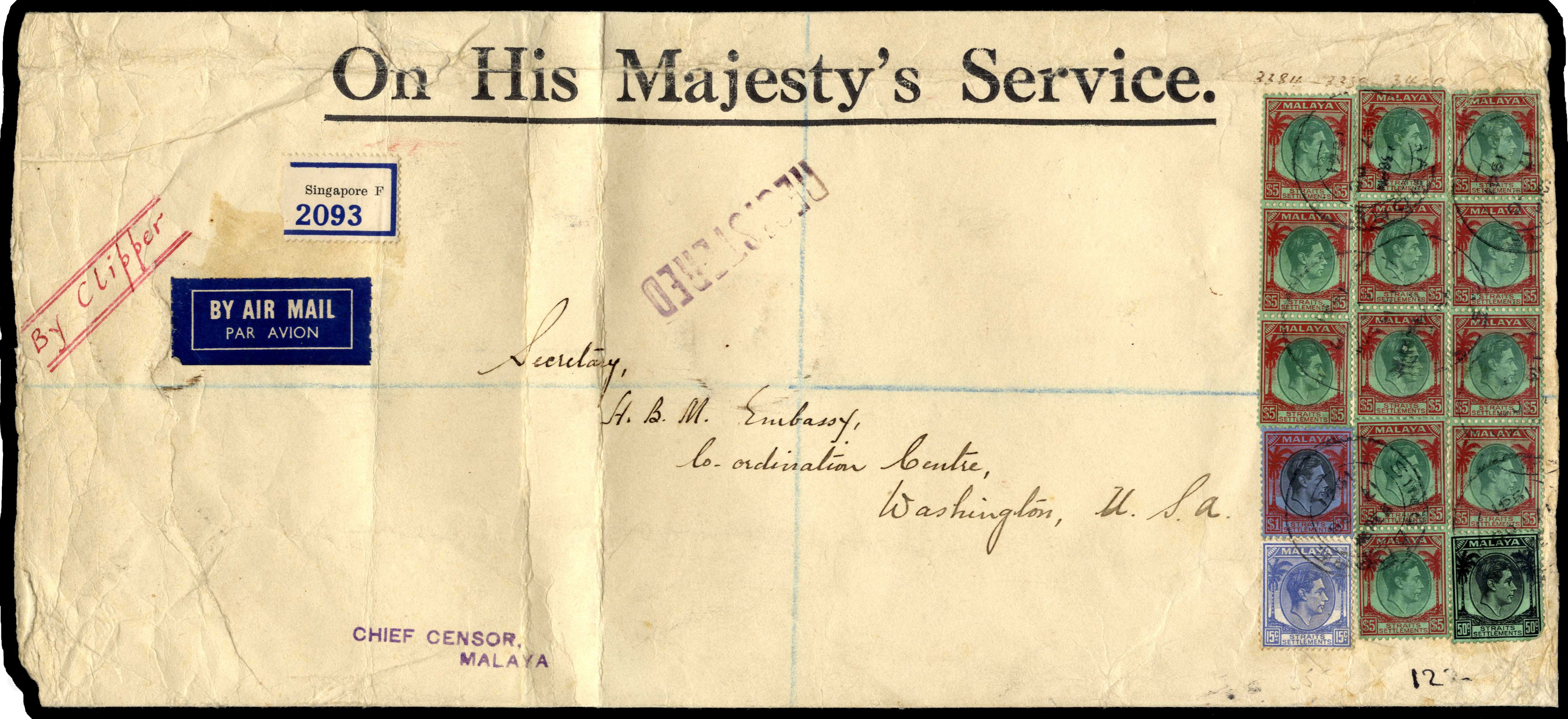Straits Settlements 1941 registered airmail OHMS cover to Washington