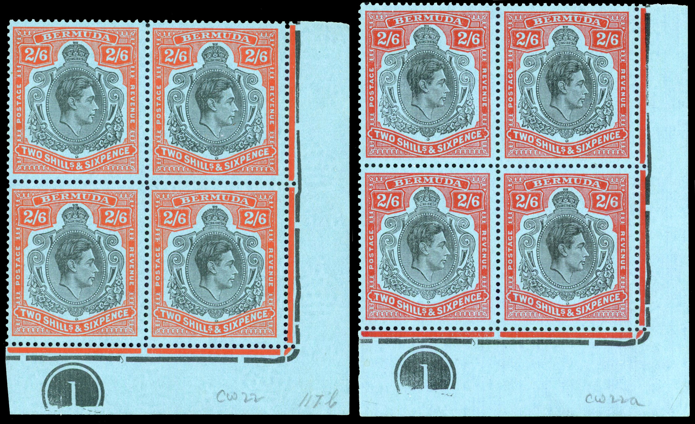 Bermuda SG 117c, d Plate blocks mint