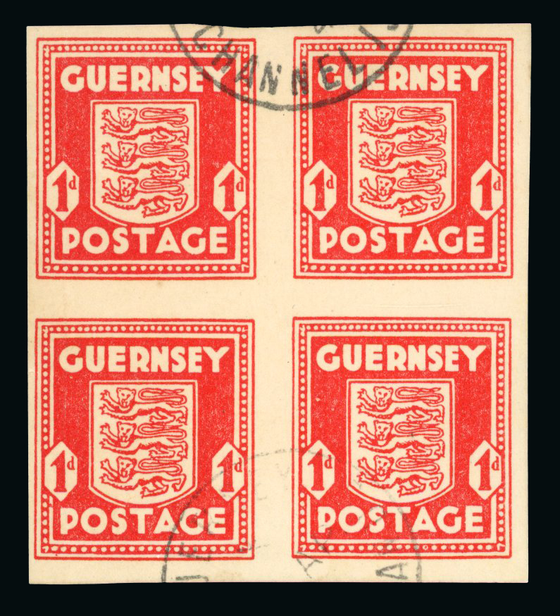 1941 1d Scarlet, Guernsey ‘Arms’ issue. Used imperforate block of four.