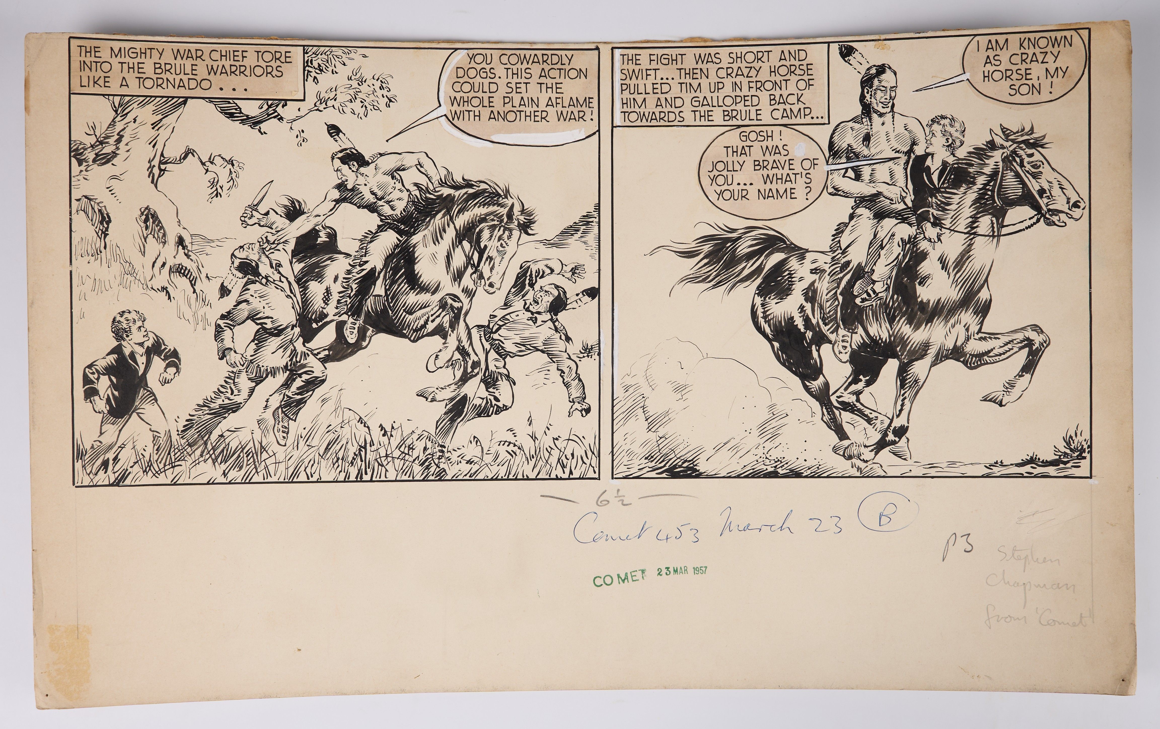 Stephen Chapman Strongbow the Mohawk Comet #453 Ink Comic Panel (Amalgamated Press, 1957) 
