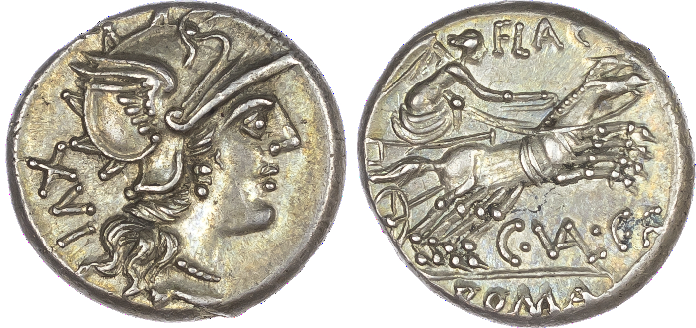 C. Valerius Flaccus (140 BC) AR Denarius, Rome, 3.96g. Helmeted head of Roma facing right, XVI (mark of value) behind. Rev.