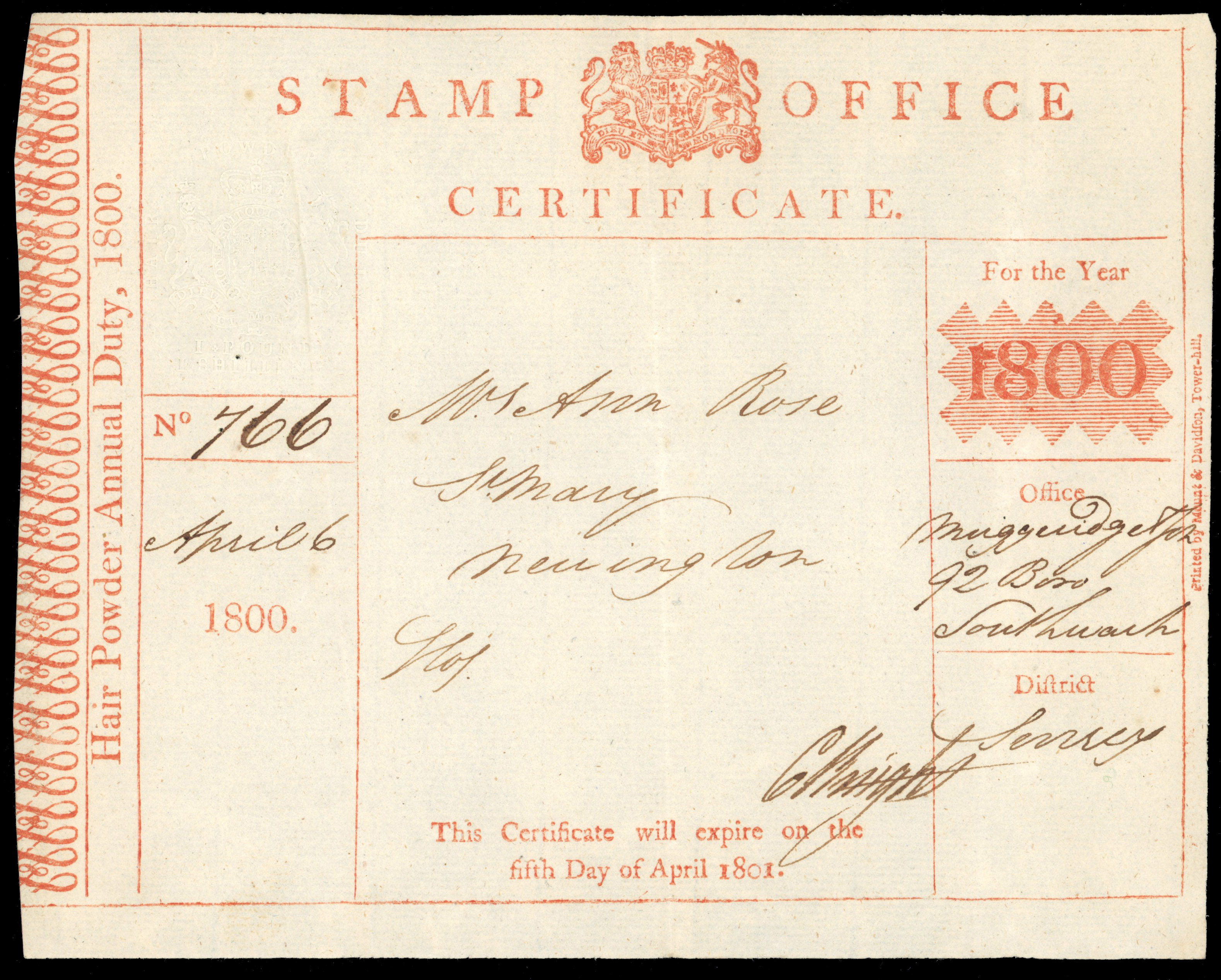 GB Great Britain Revenue HAIR POWDER duty 1800 embossed document