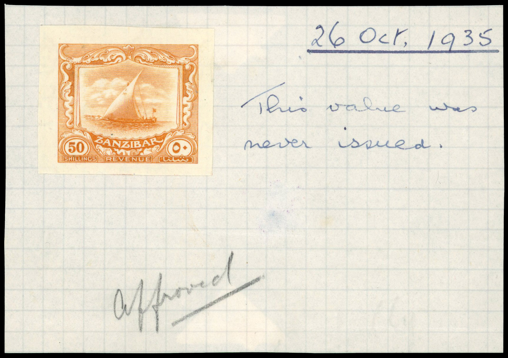 Zanzibar 1935 50s dhow revenue die proof in brown-orange