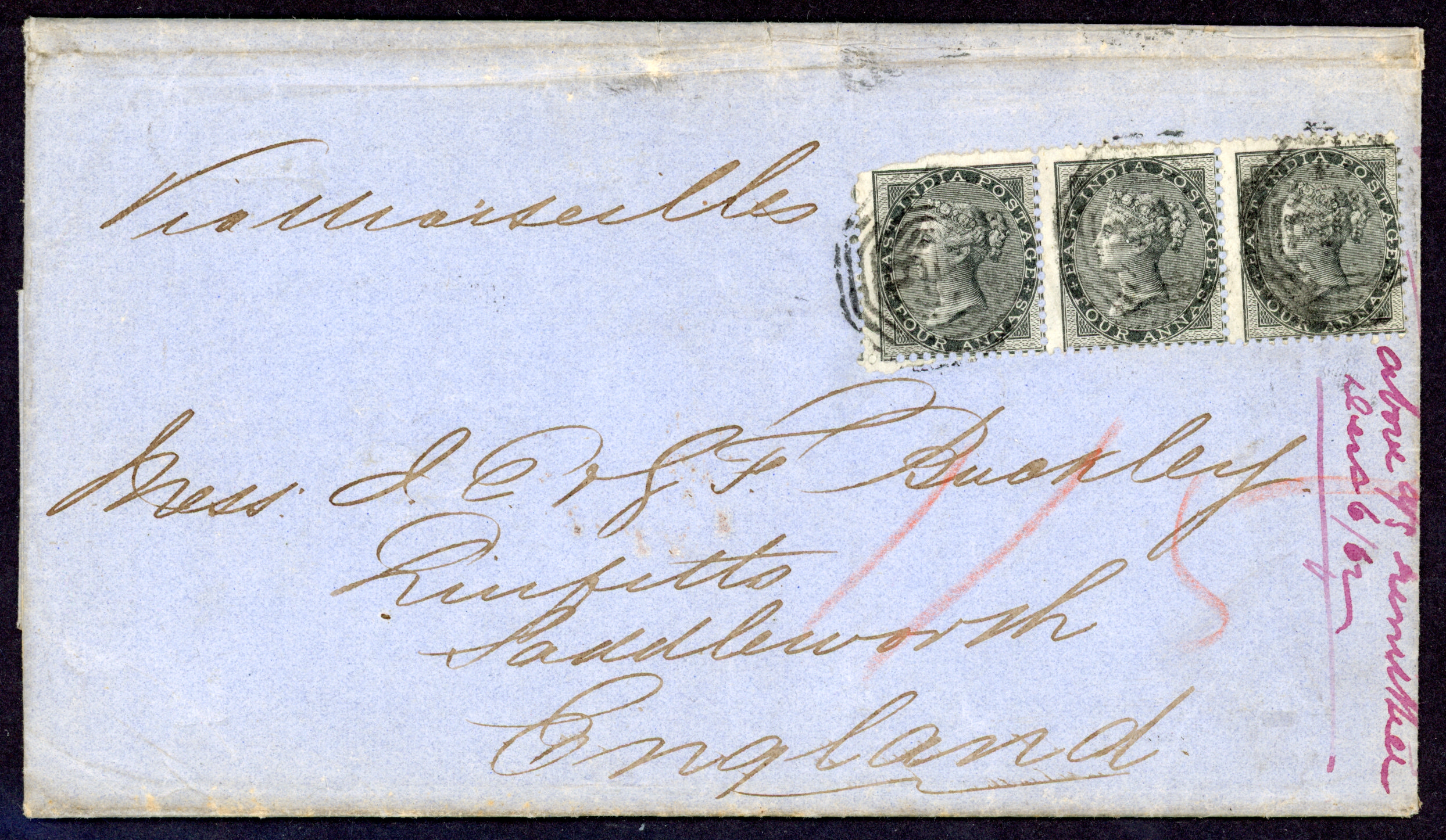Straits Settlements SG Z76 1862 entire from Singapore to England with India 4a strip of 3