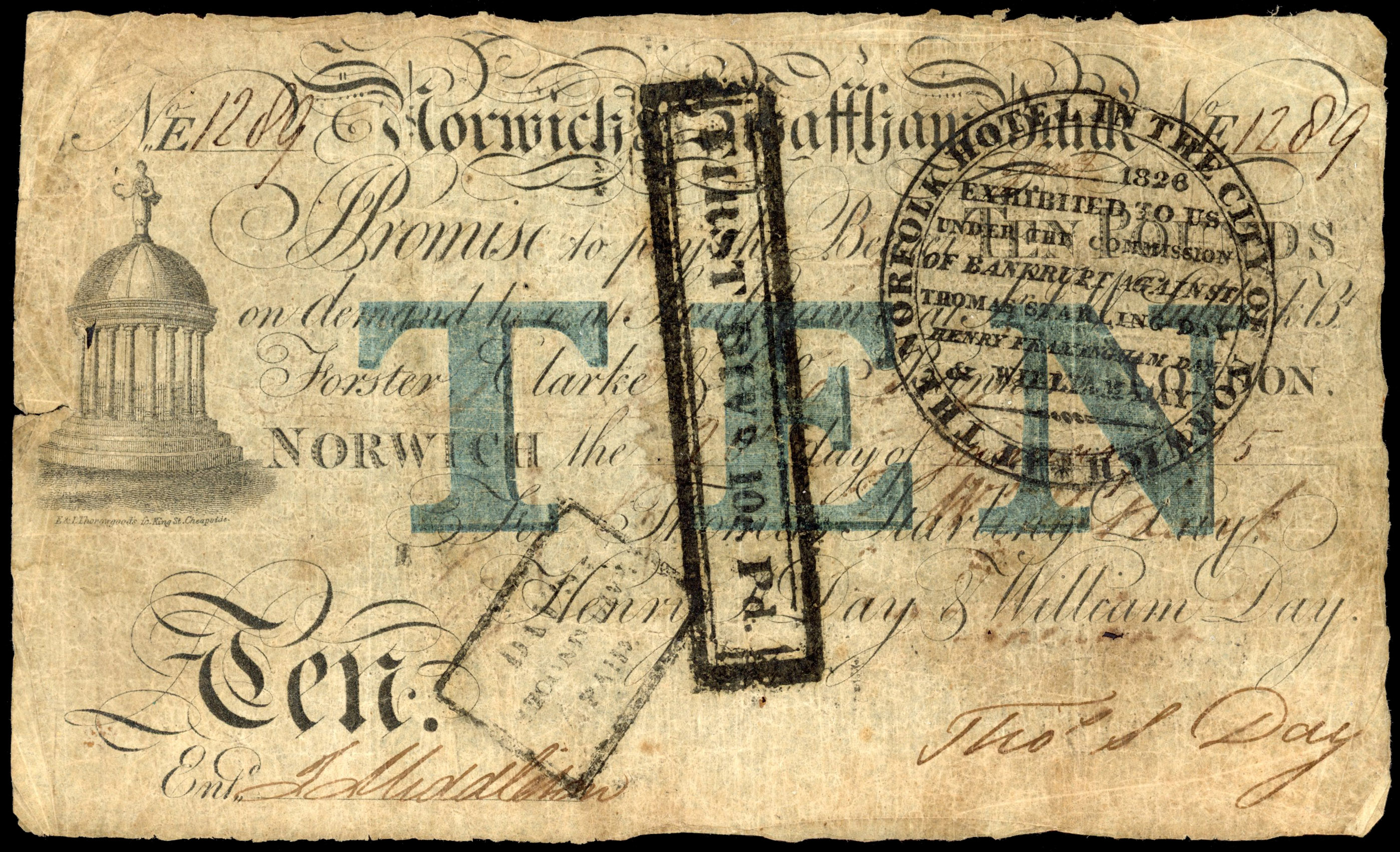NORWICH, Norwich & Swaffham Bank, for Thomas Starling Day, Henry S. Day & William Day, £10.,1823, serial numbe…