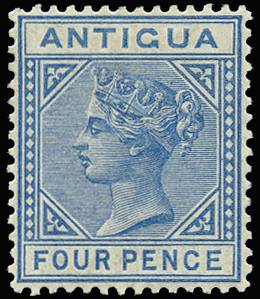 ANTIGUA SG 23 1882 4d BLUE WMK CA LPOG