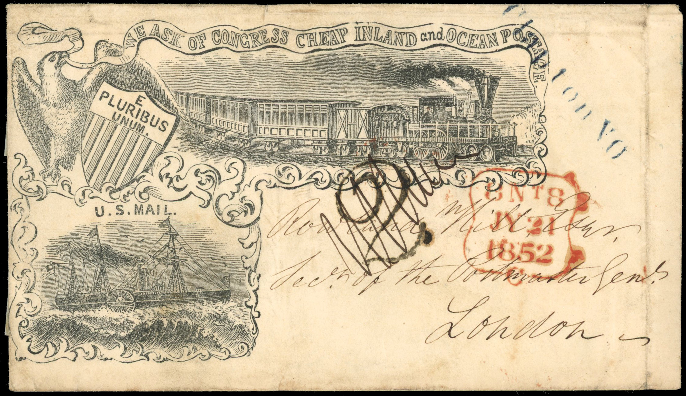 United States 1852 Cheap inland and Ocean Postage envelope used to UK