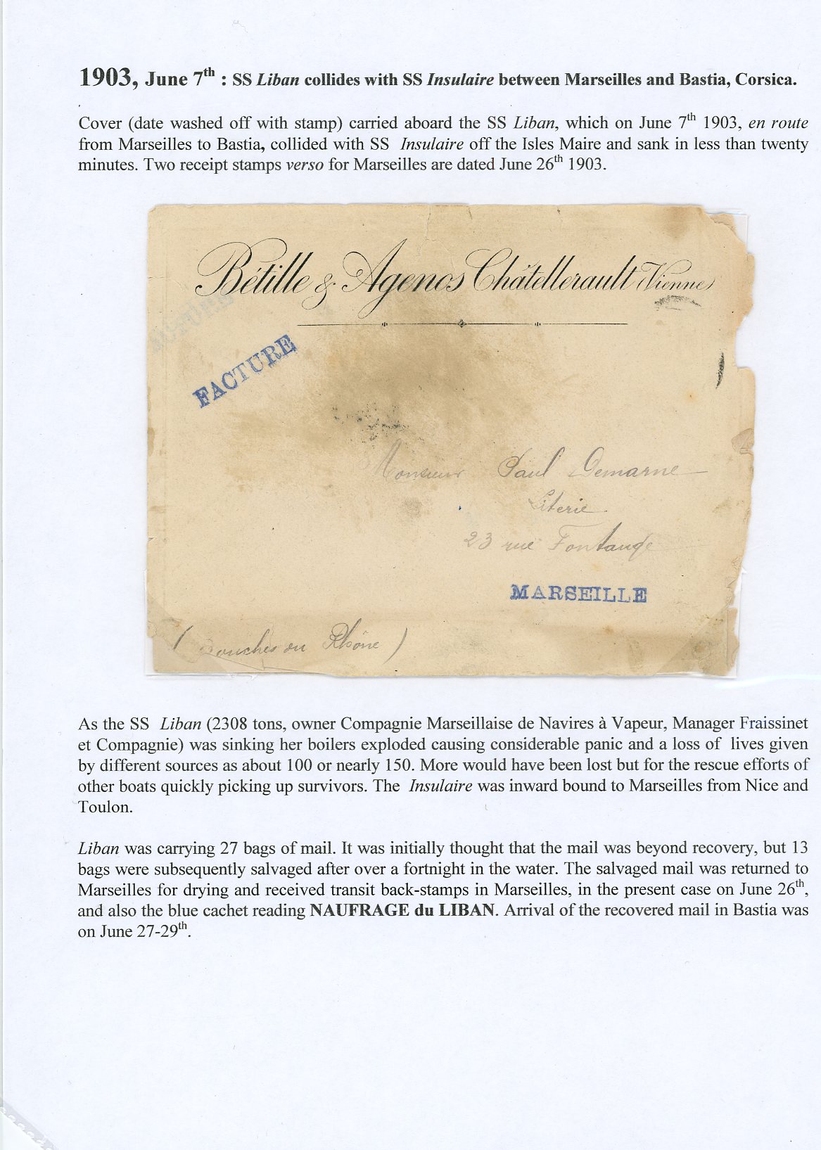 France: 1903 two items carried and salvaged...