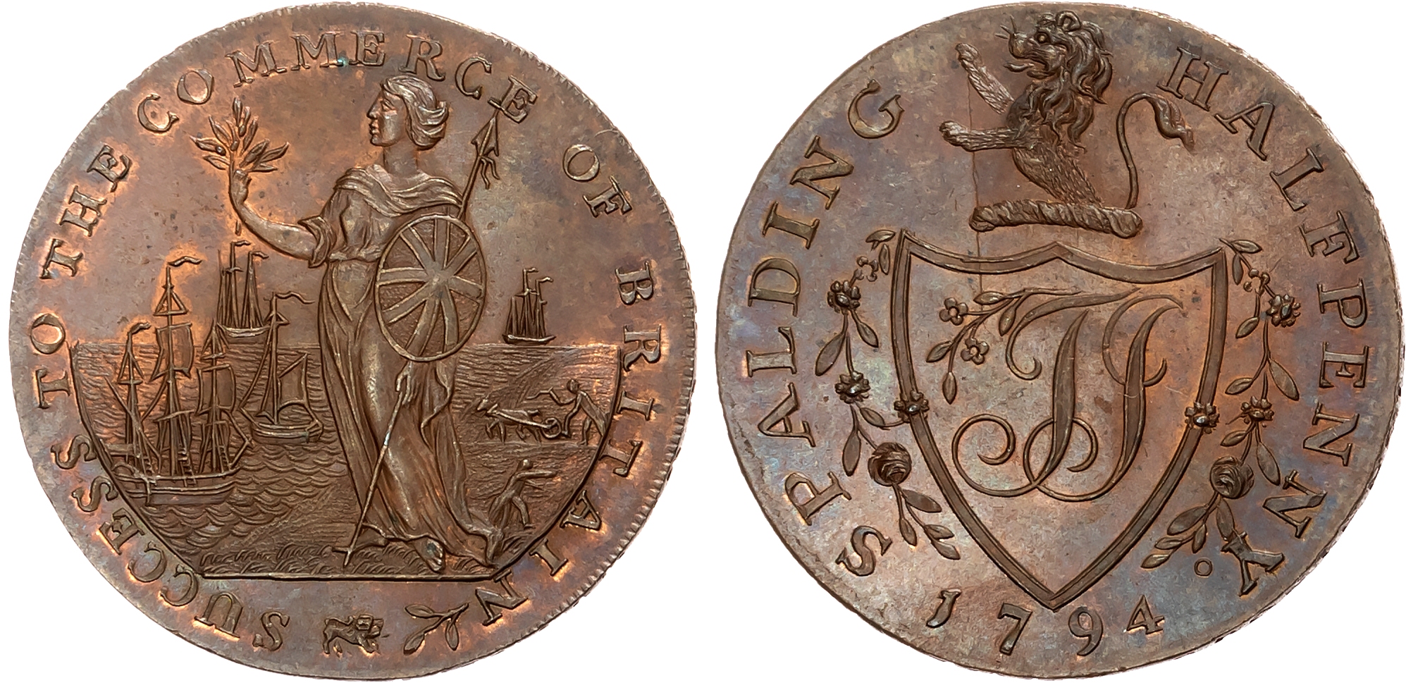 Lincs.  Spalding . Thomas Jennings (ironmonger & stationer) Halfpenny 1794, Britannia standing left viewing navy, rev. T …
