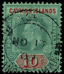 Cayman Islands 1907-09 10/- green and red on green, neatly...