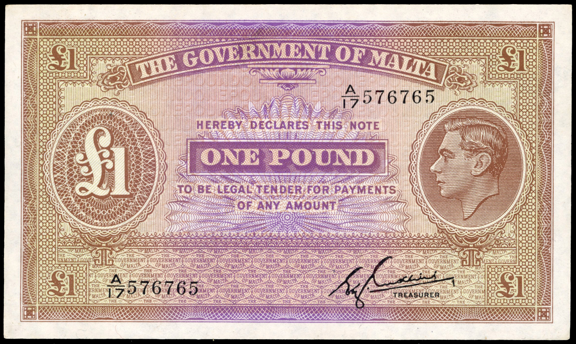 Malta, Government, George VI, One Pound, 1940-3, A/17 576765, E. Cuschieri (Pick 20c). About uncirculated.…