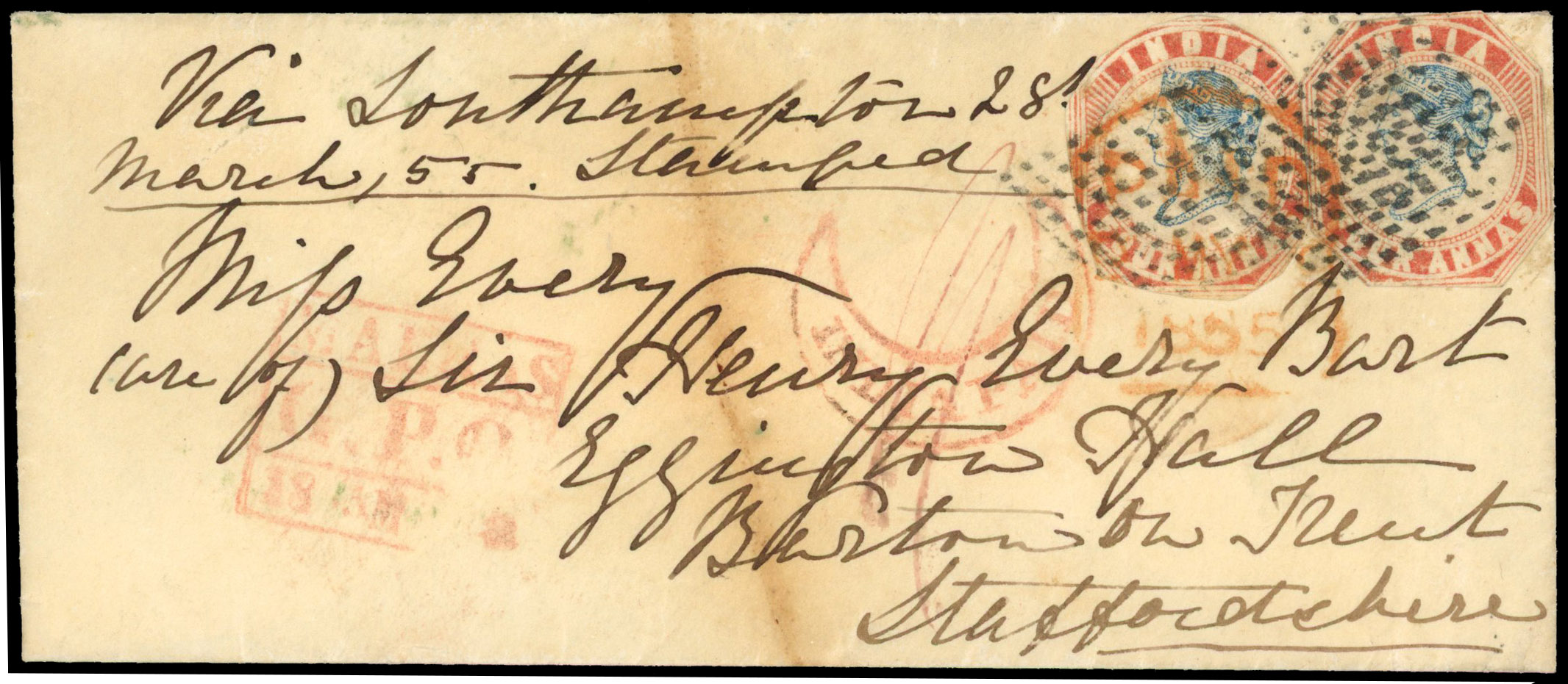 India cover to Burton on Trent with 4a (SG 19) x2