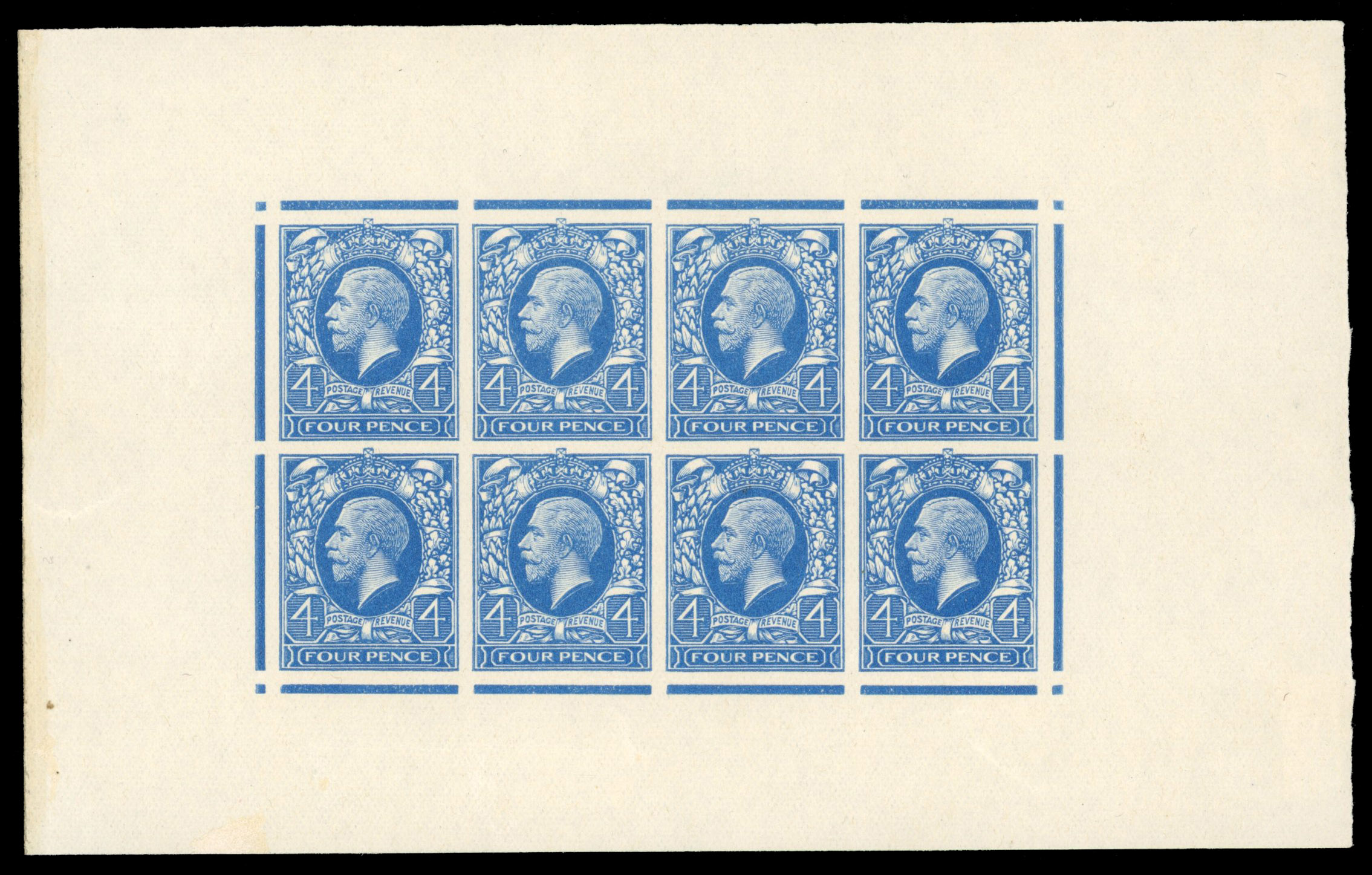 GB 1934-36 4d photogravure imperforate colour trial complete sheetlet of eight in Royal blue, For SG 445