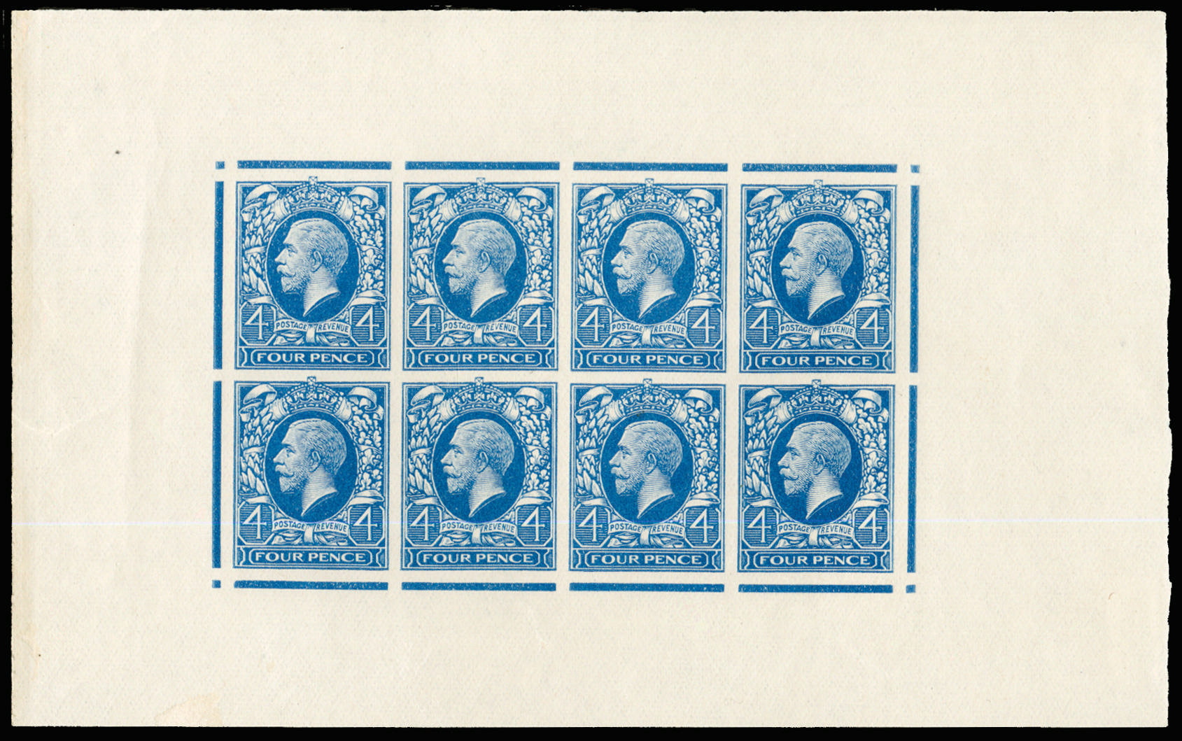 Great Britain 1934 4d Photogravure colour trial. Superb unmounted o.g. imperforate complete sheetlet of eight prin…