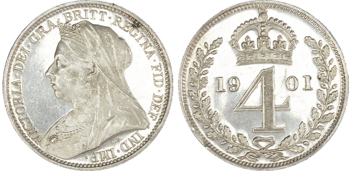 Victoria (1837-1901), Maundy set, 1901, Four, Three, Two and One Penny, each with old head bust left, T.B below truncation