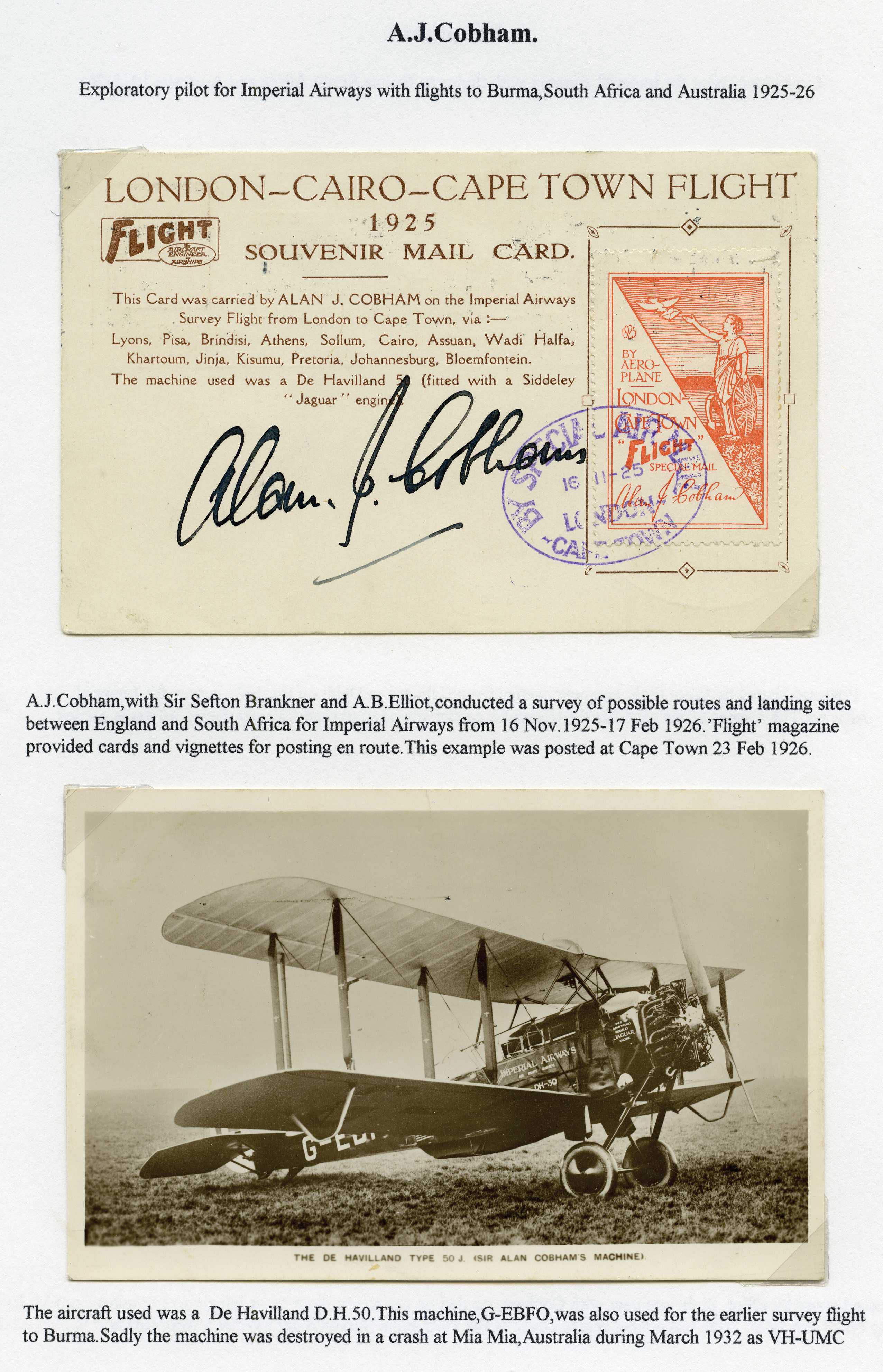 1925 A.J.Cobham London-Cairo-Cape Town...