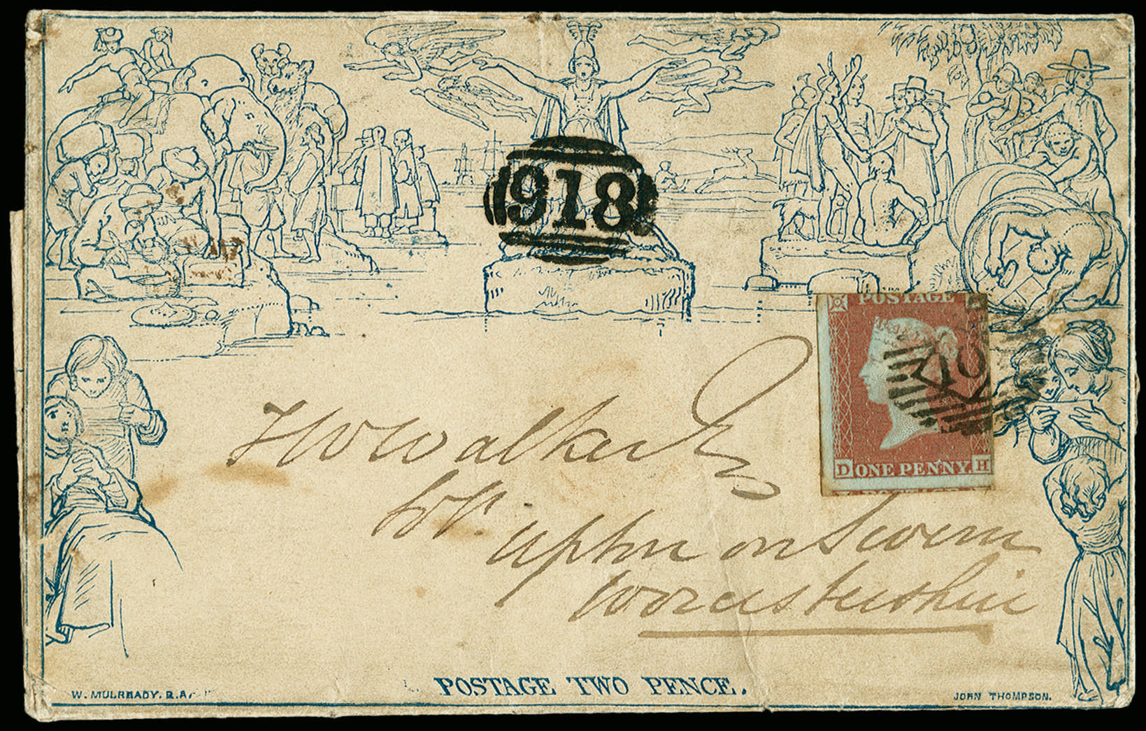 1840 2d Mulready Lettersheet (Forme 1, Stereo a104) uprated 1d Red-brown Pl.148 (SG8)