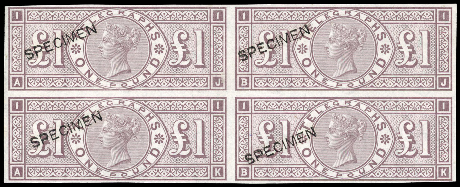 Great Britain SG T17var £1 imperf block of four optd SPECIMEN