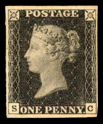 GB: 1840 1d black Plate 1a (SC), four margins, close at left , part o.g. 