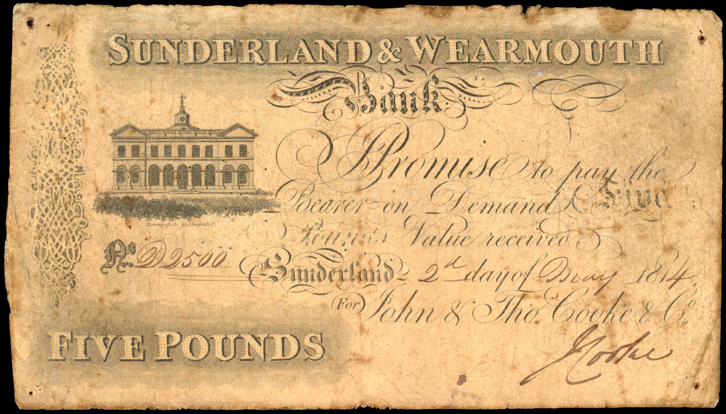 SUNDERLAND, Sunderland & Wearmouth Bank, John & Thos Cooke & Co., £1.,2 May 1814, serial number D2500, vignett…
