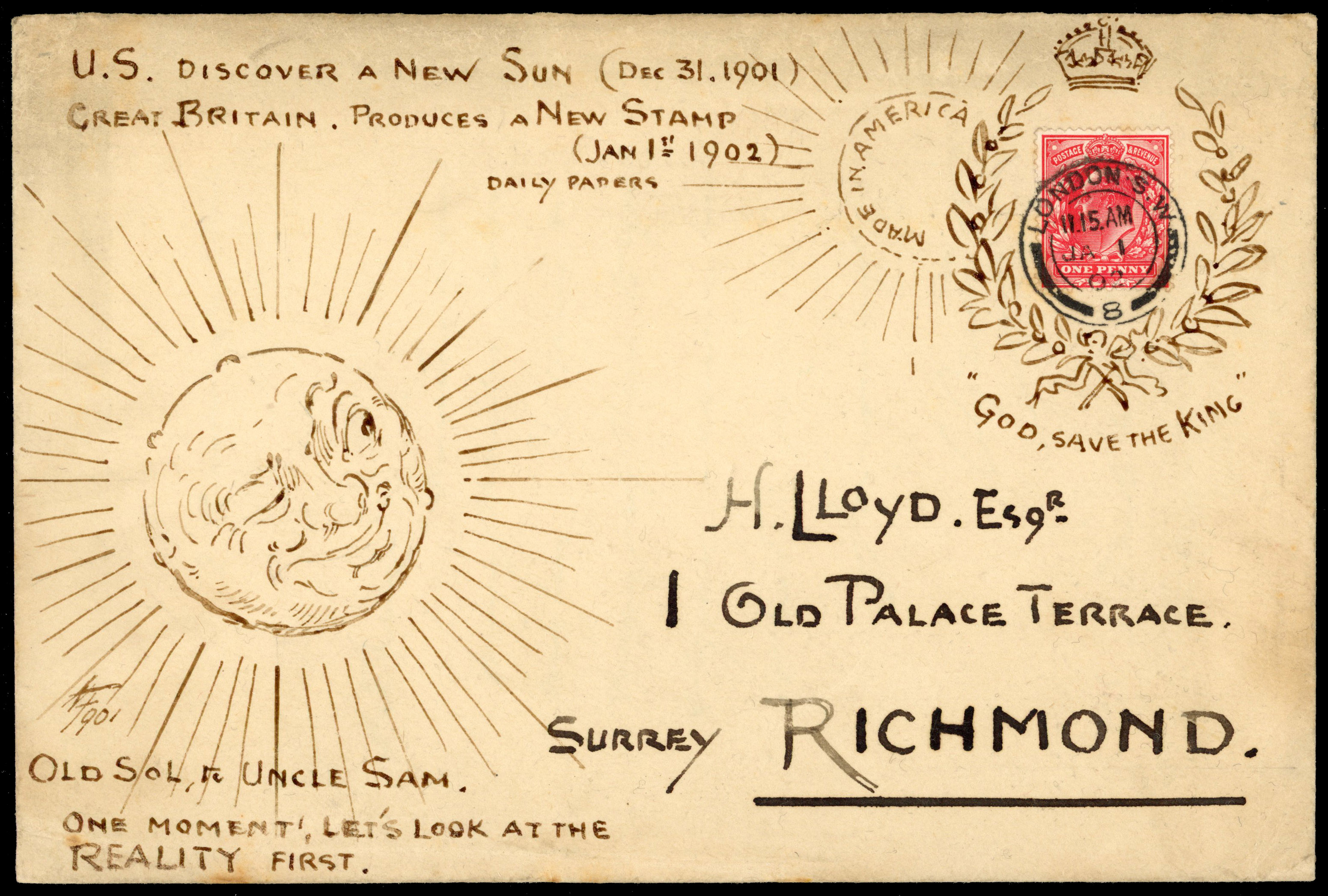 1902 Hand Illustrated first day cover depicting a sun