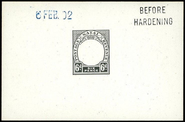 1902 Die Proof of 6d Duty Plate in black on glazed card 93 x 60mm, dated 6 FEB. 02 in blue and marked BEFORE HARDENING. ...