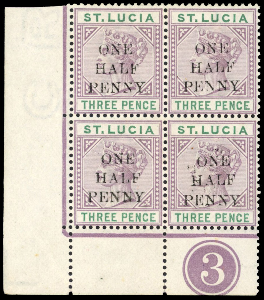 St Lucia 1891-92 ½d on 3d dull mauve and green, Die II, Plate ‘3’ block of 4, mint, SG 56