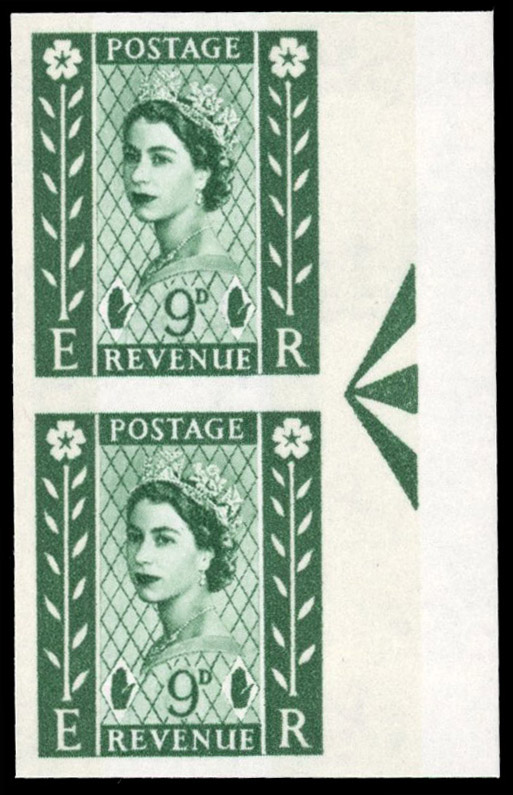 Great Britain 1958 9d Bronze-green, Vertical Pair, BPMA Imprimatur, SG NI4