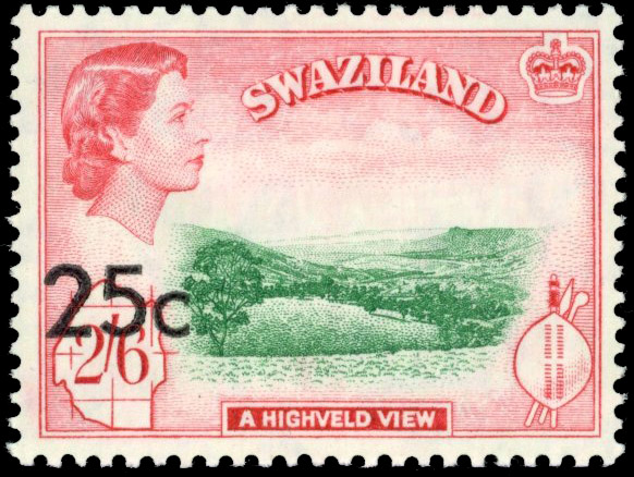 Swaziland SG 74b 1961 25c surcharge Type II at lower left mint