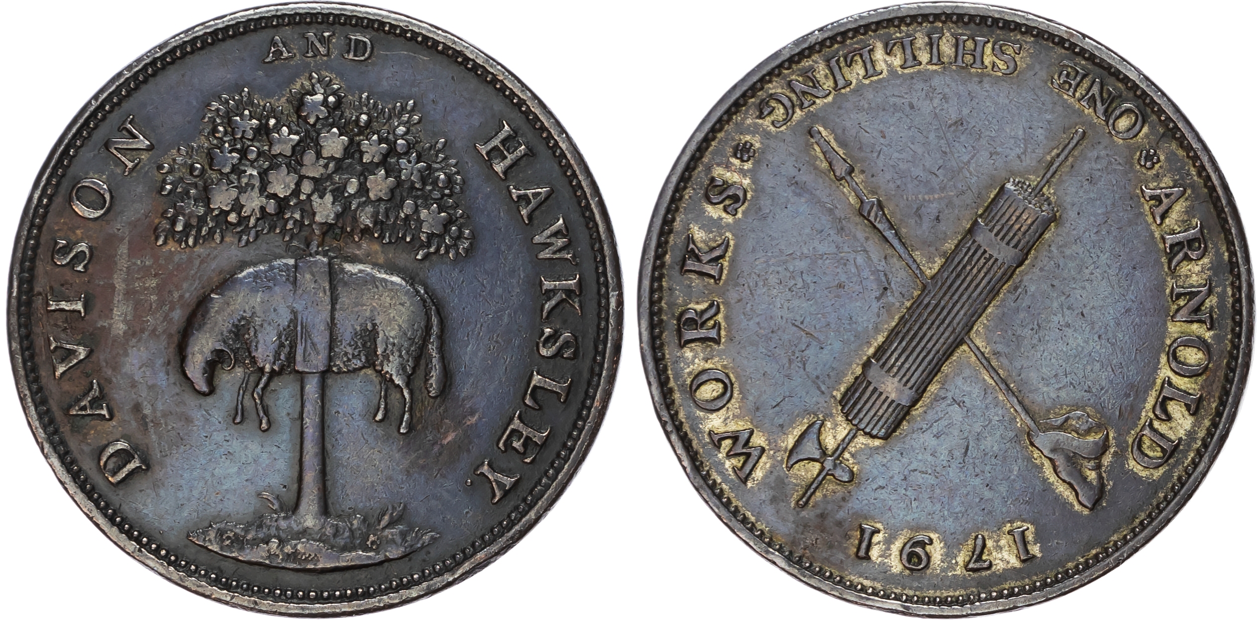Notts. Arnold, Robert Davison & John Hawksley (worsted mill owners) silver washed base metal Shilling 1791, Fl…