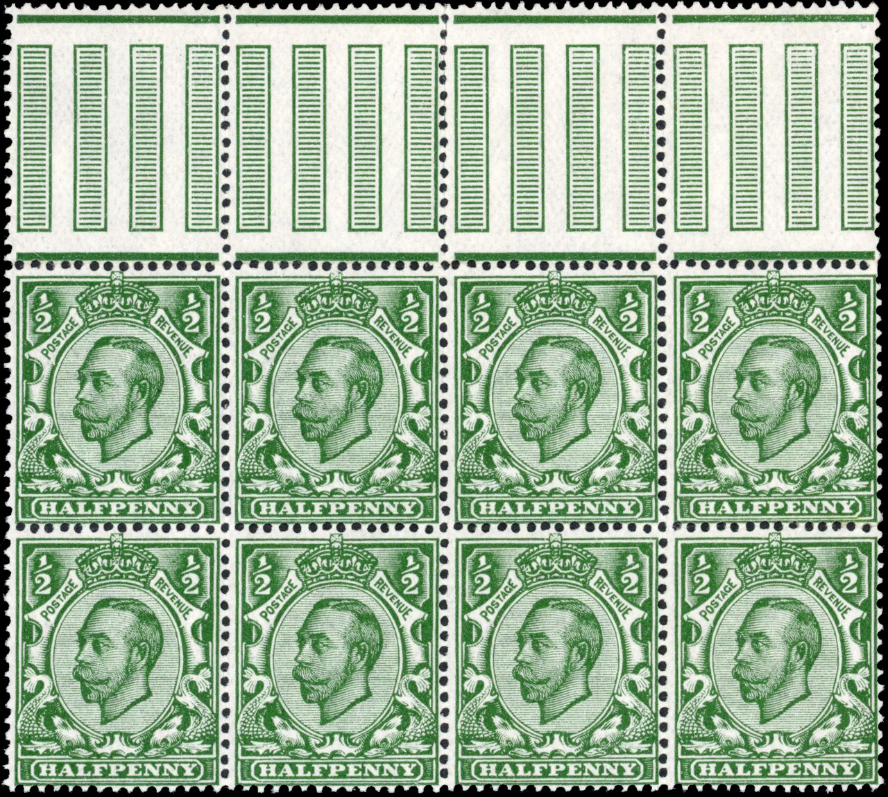 GB: 1912 Downey Head, die 2, ½d bluish green, mint interpanneau-marginal block of eight